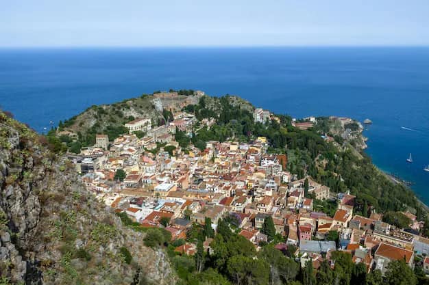 Aerial view of Taormina on the Sicilian coast, Italy