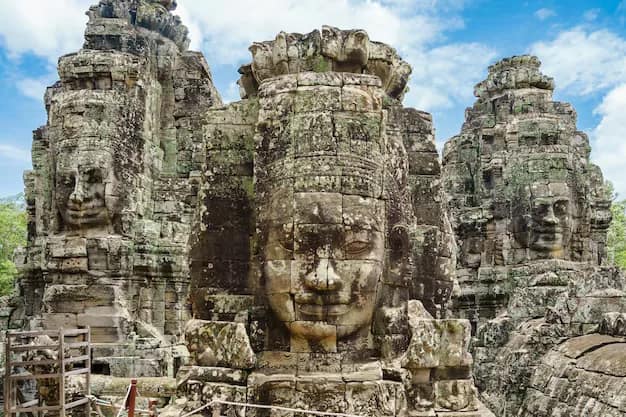 The stone faces of the Bayon temple at Angkor, Siem Reap, Cambodia
