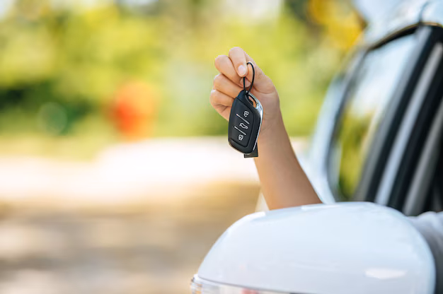 A traveller sitting in a car holding the keys out of the window