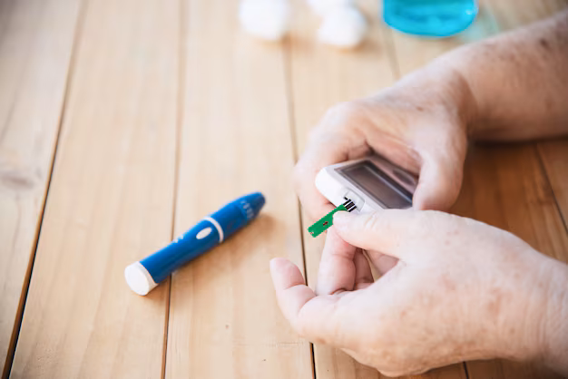 An older woman testing her blood sugar level with a glucose meter
