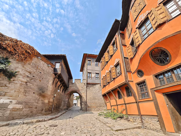 Colourful houses of the old town of Plovdiv, Bulgaria, on its hillside