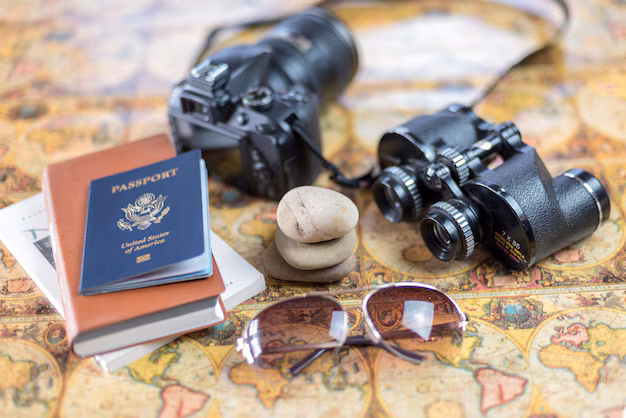 Passport and camera resting on maps