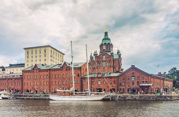 The red-brick Uspenski Cathedral on its rock above the harbour in Helsinki, Finland
