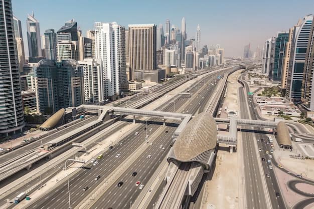 Aerial view of downtown Dubai with skyscrapers and highways