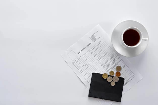 A visa application form and documents beside a cup of coffee